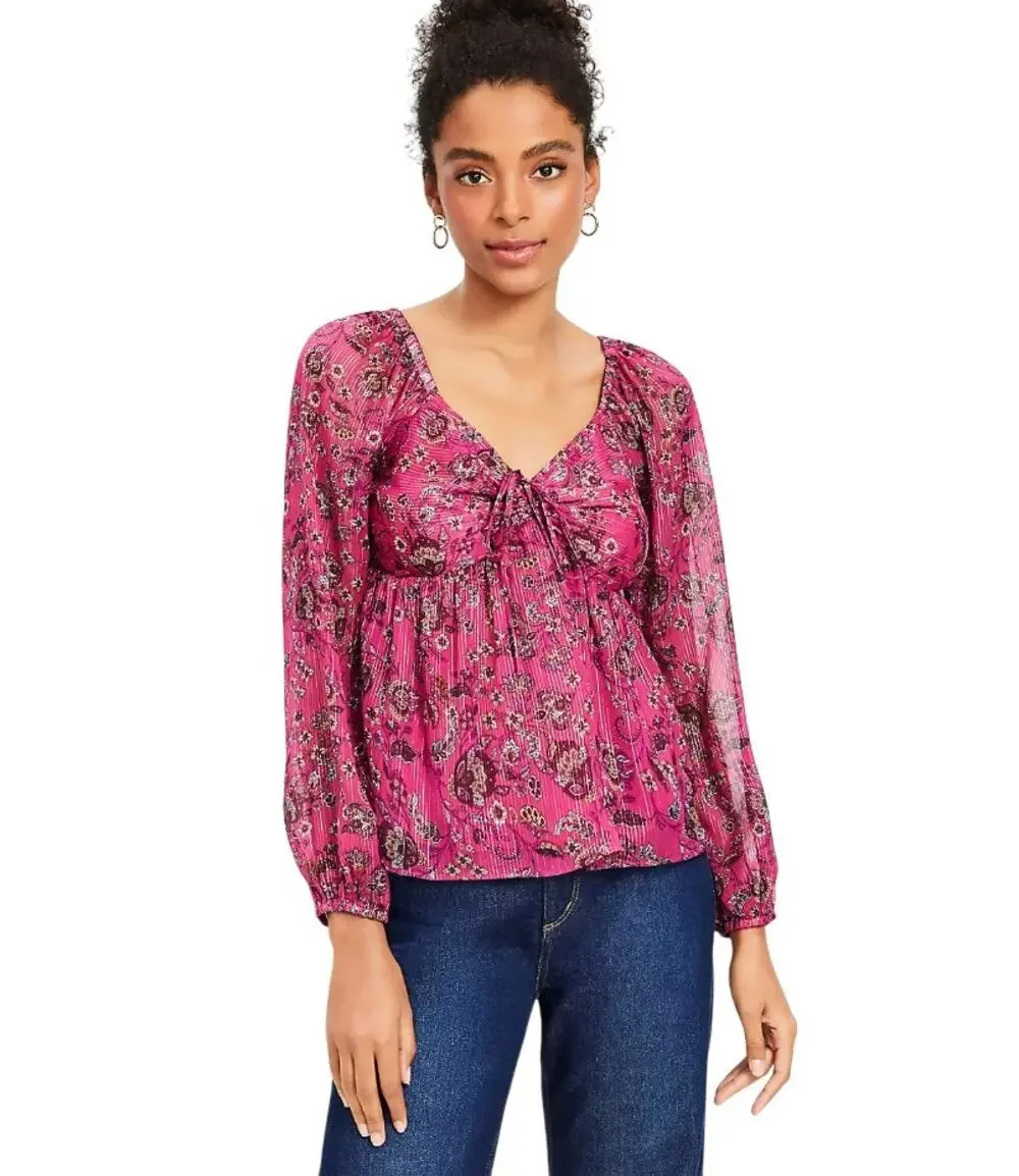 Loft Pink Shimmer Stripe Floral Smocked Blouse